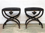 Early 20th C Pair of Upholstered French Black Iron X Stretcher Stools with Shell Detail
