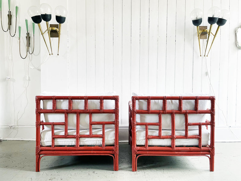 A Pair of 1960's Raspberry Red Bamboo Armchairs