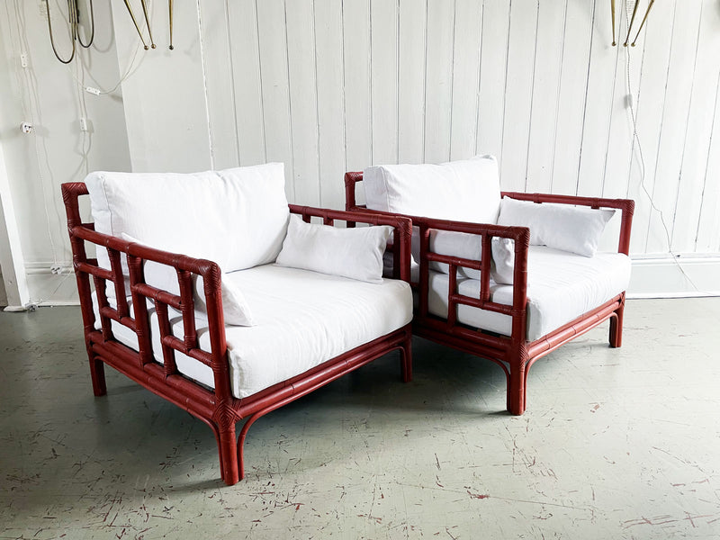 A Pair of 1960's Raspberry Red Bamboo Armchairs