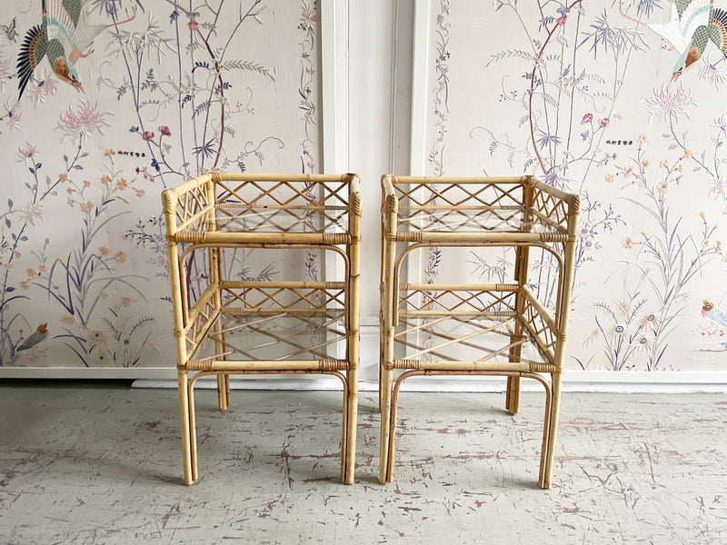 A Pair of 1960's French Bamboo and Glass Two Tier Side Tables