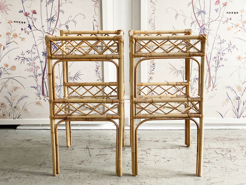 A Pair of 1960's French Bamboo and Glass Two Tier Side Tables