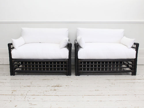 A Pair of Very Large 1960's Italian Black Bamboo Loveseat Armchairs