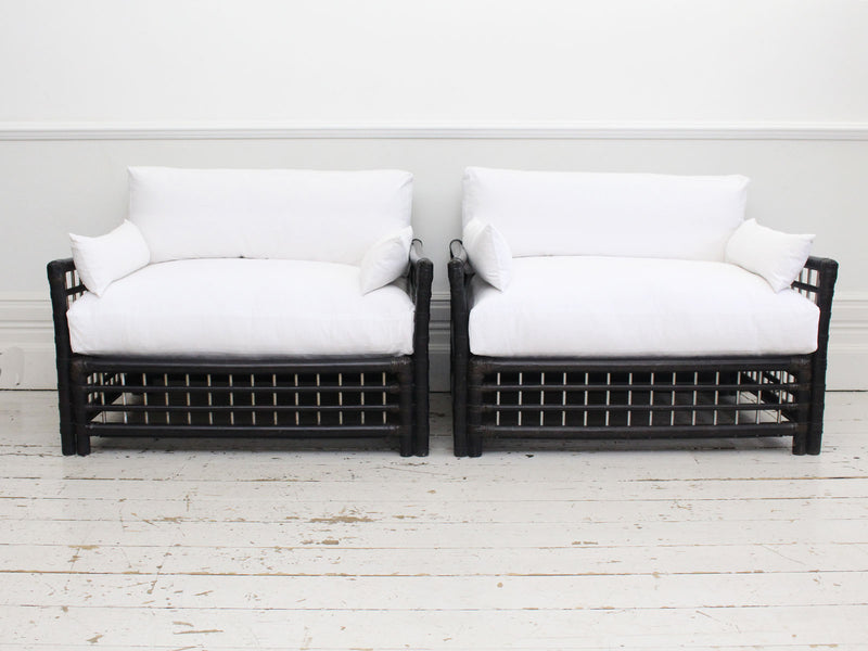 A Pair of Very Large 1960's Italian Black Bamboo Loveseat Armchairs