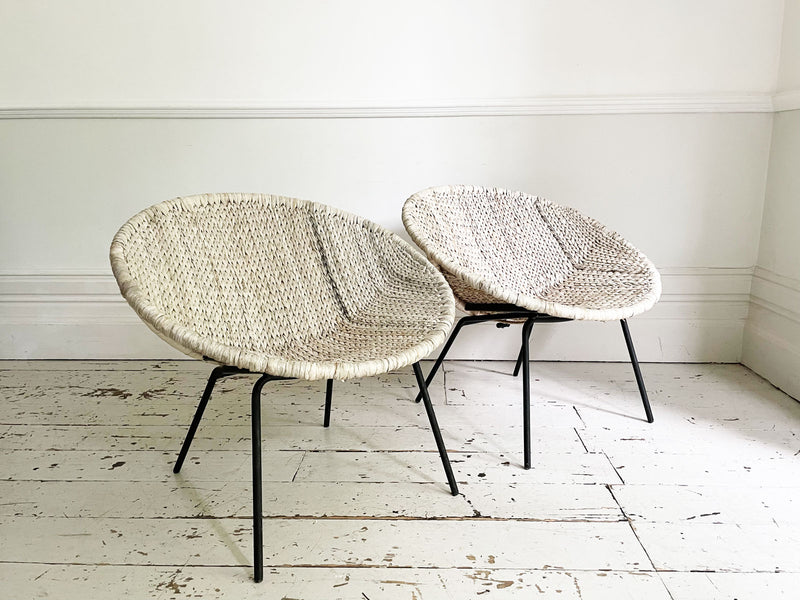 A Pair of 1960's French Bleached Raffia Bucket Chairs