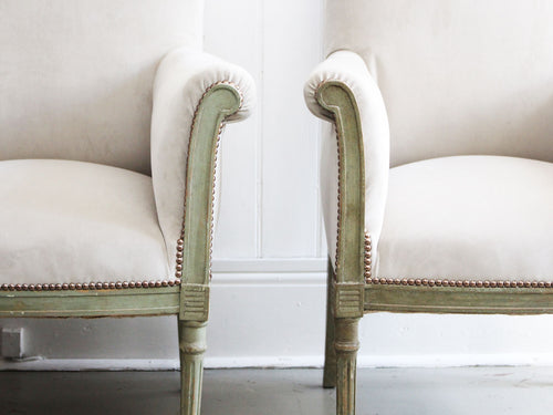 A Pair of Late 19th C Painted Scroll Back Velvet Armchairs