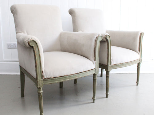 A Pair of Late 19th C Painted Scroll Back Velvet Armchairs