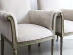 A Pair of Late 19th C Painted Scroll Back Velvet Armchairs
