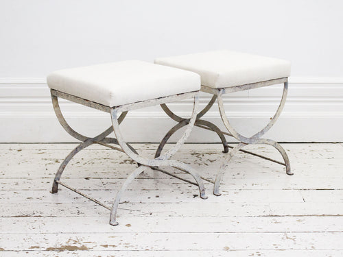 A Pair of 19th C Painted White Metal Stools with Linen Covering