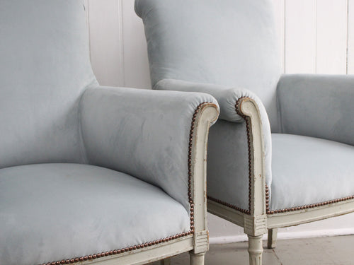 A Pair of Late 19th C Painted Scroll Back Velvet Armchairs II
