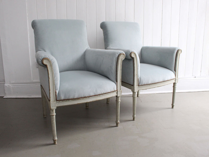 A Pair of Late 19th C Painted Scroll Back Velvet Armchairs II