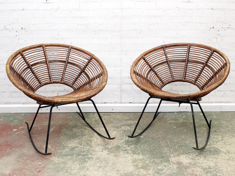 A Pair of 1950's Riviera Rattan Rocking Chairs