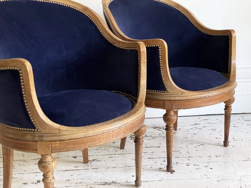 A Pair of 19th C English Oak Tub Armchairs with Velvet Covering
