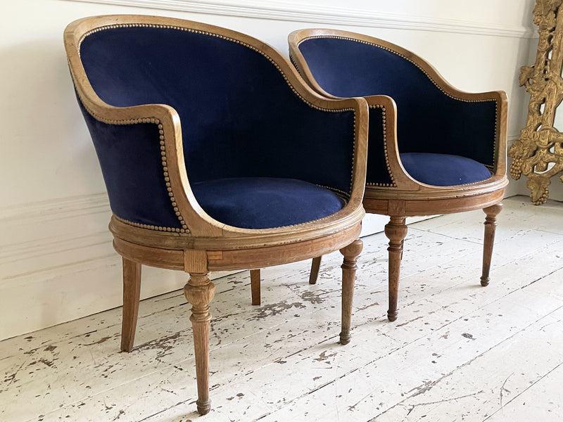 A Pair of 19th C English Oak Tub Armchairs with Velvet Covering
