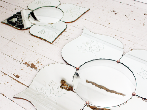 Unique Large Matched Pair of Mid Century French Flower Butterfly Convex Mirrors