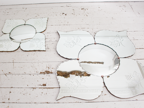 Unique Large Matched Pair of Mid Century French Flower Butterfly Convex Mirrors