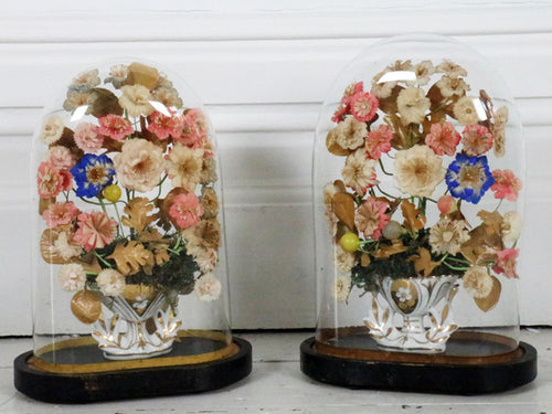 A Pair of early 20th C French Floral Glass Domes