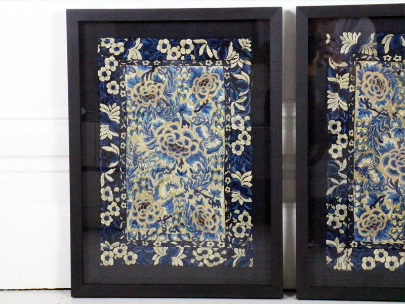 A Pair of 19th C Framed Blue, Black & Ivory Silk Embroidered Panels