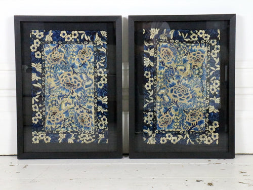 A Pair of 19th C Framed Blue, Black & Ivory Silk Embroidered Panels