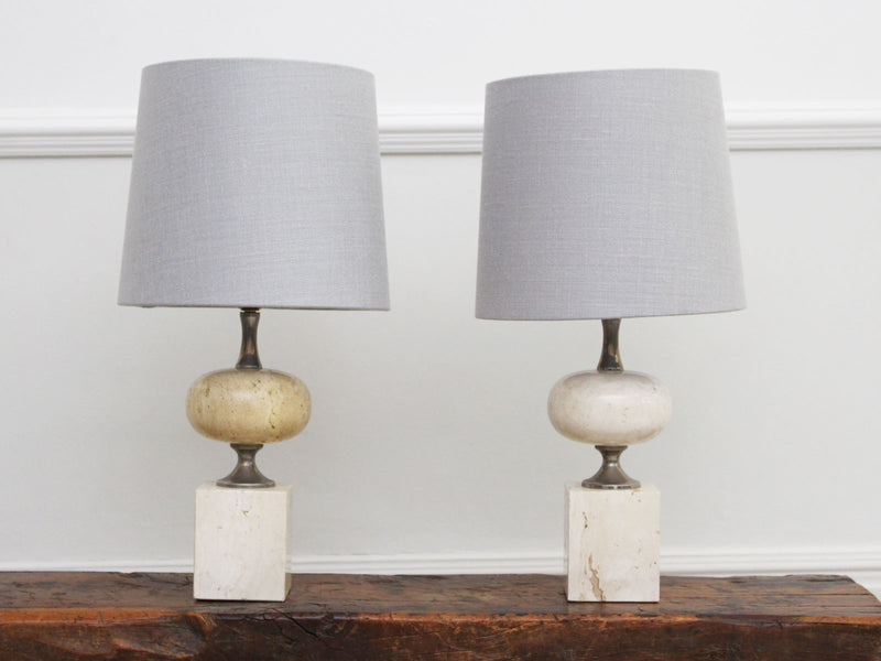 A Pair of 1970's Chrome & Travertine Table Lights by Philippe Barbier