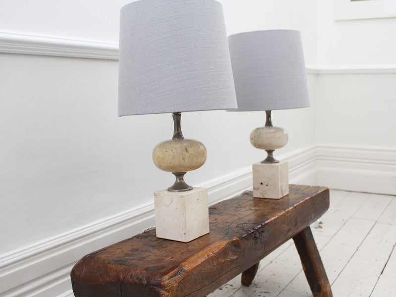 A Pair of 1970's Chrome & Travertine Table Lights by Philippe Barbier