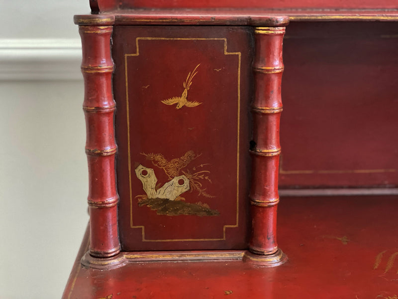 A Regency Red Lacquered Chinoiserie Faux Bamboo Bonheur Du Jour