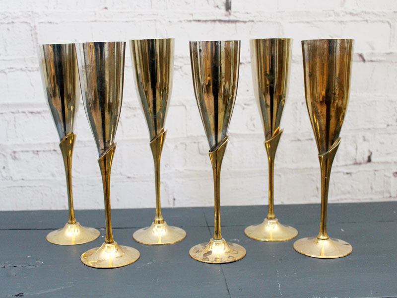 A set of 6 Nicely Worn French 1960's Brass and Silver plated Champagne Flutes