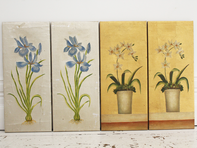 Two Pairs of French Gold and Silver Floral Canvas Paintings