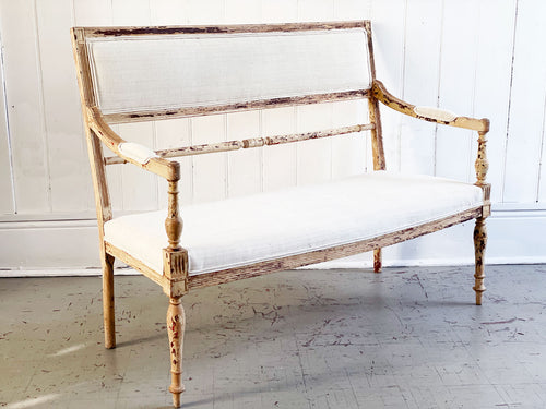 A Petite 19th C French Sofa with Linen Upholstery
