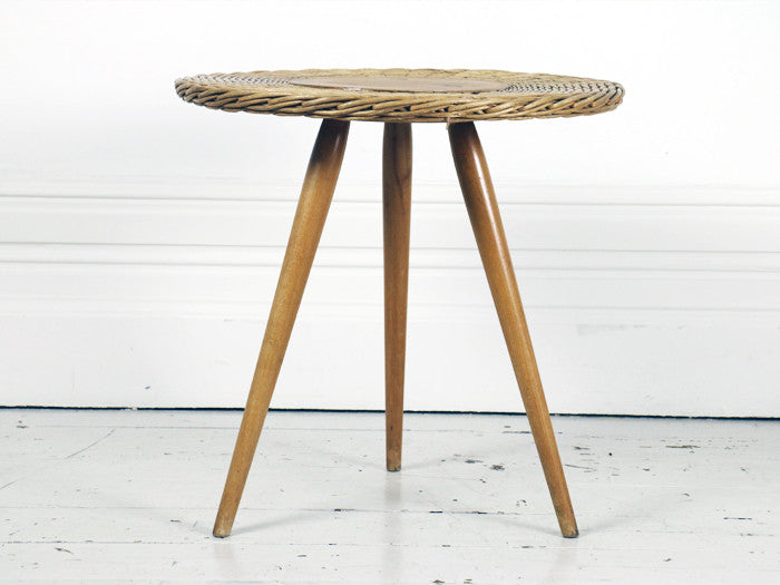 1950's French rattan side table with tripod legs