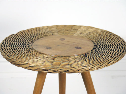 1950's French rattan side table with tripod legs