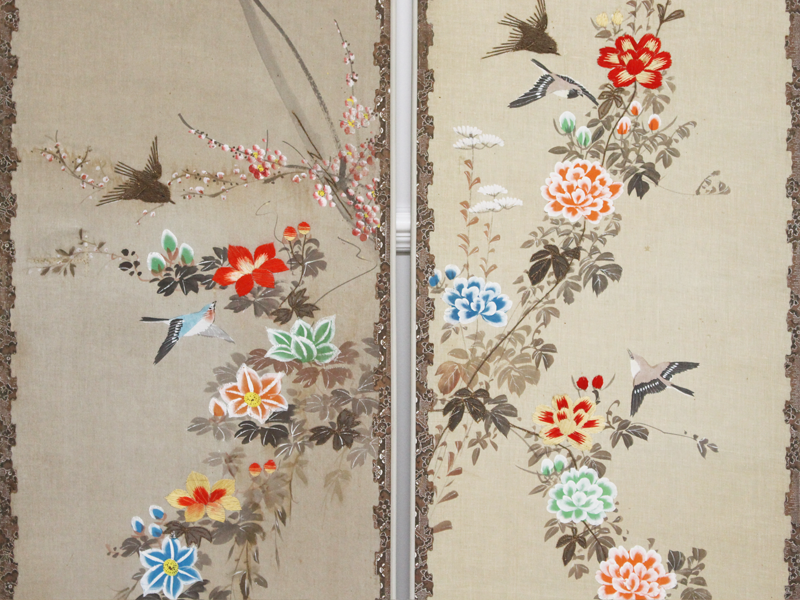 A Beautiful Four Piece Set of Hand Painted & Embroidered Chinoiserie Panels