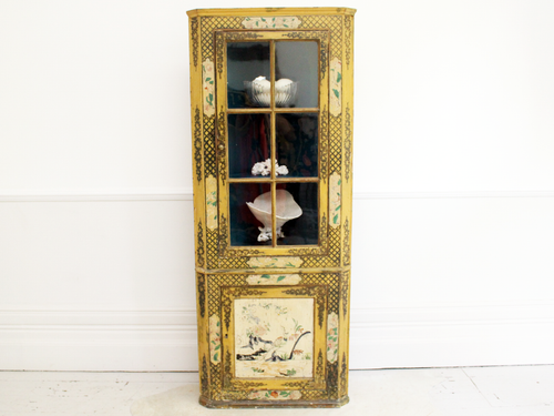 Early 19th C Chinoiserie Glass Fronted Standing Corner Cupboard