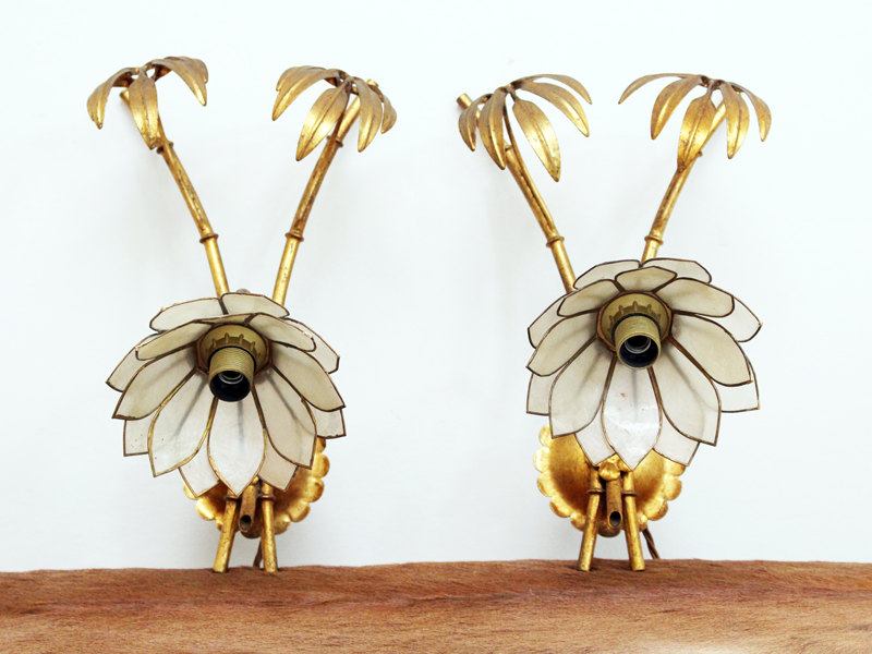 A Pair of Mid Century Faux Bamboo, Palm & Flower Wall Lights with Original Capiz Shades