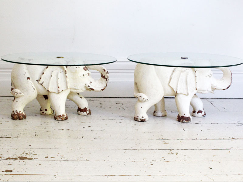 A Pair of Carved & Painted Wooden Elephant Side Tables with Glass Tops