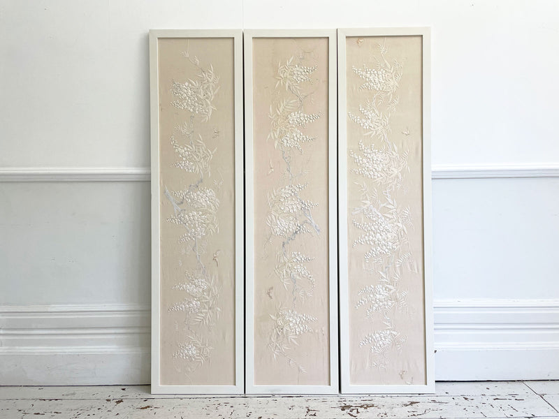 A Set of Three Framed Muted Floral Japanese Embroidered Panels