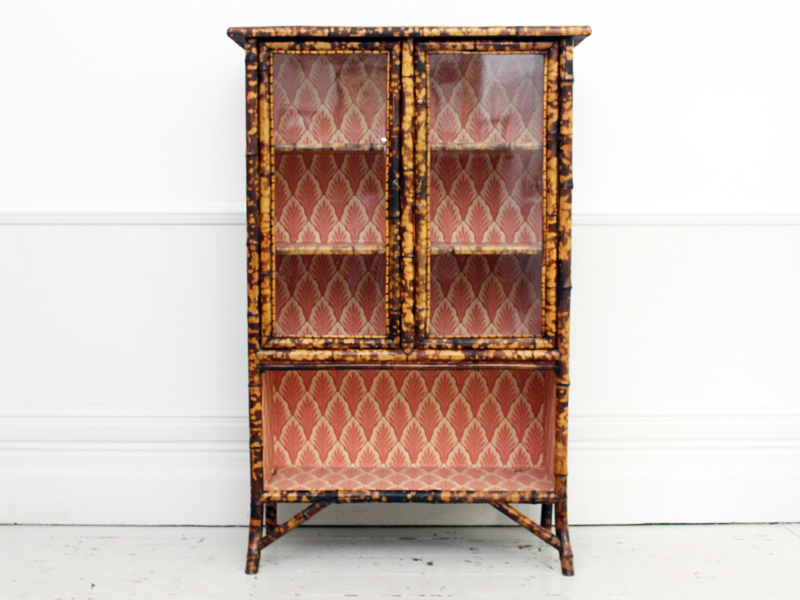 Antique French Tiger Bamboo Glass Fronted Cabinet with Vintage Wallpaper Interior
