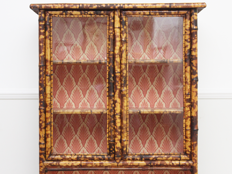 Antique French Tiger Bamboo Glass Fronted Cabinet with Vintage Wallpaper Interior