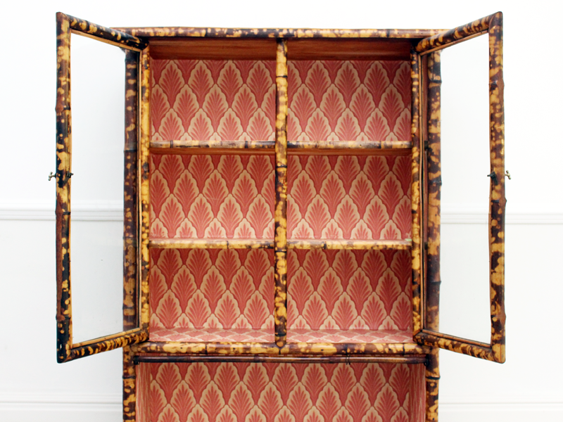Antique Tiger Bamboo Glass Fronted Display Cabinet with Vintage