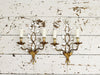 A Pair of Mid Century French Gilt Metal Wall Lights with Glass Flowers & Leaves