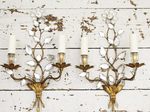 A Pair of Mid Century French Gilt Metal Wall Lights with Glass Flowers & Leaves