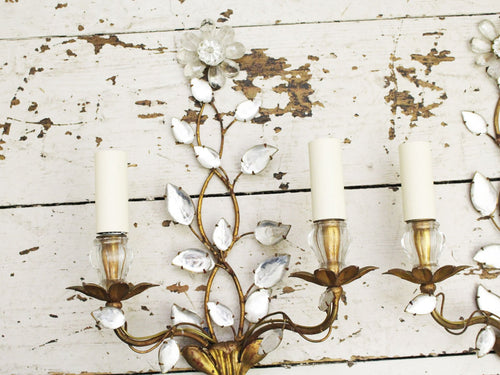 A Pair of Mid Century French Gilt Metal Wall Lights with Glass Flowers & Leaves