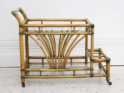 A 1970's French Riviera Bamboo & Glass Drinks Trolley Bar Cart