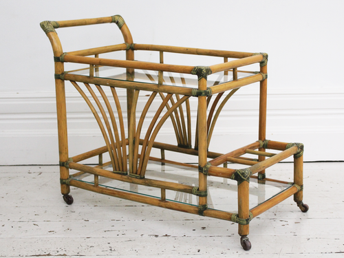 A 1970's French Riviera Bamboo & Glass Drinks Trolley Bar Cart