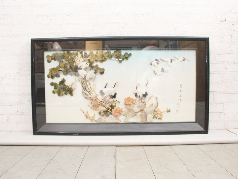 Chinese Shell Art Picture in Box Frame with Birds & Trees