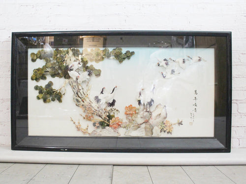 Chinese Shell Art Picture in Box Frame with Birds & Trees