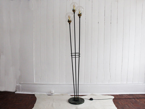 A 1950's French Three Prong Standing Lamp with Marble Base & Glass Globes
