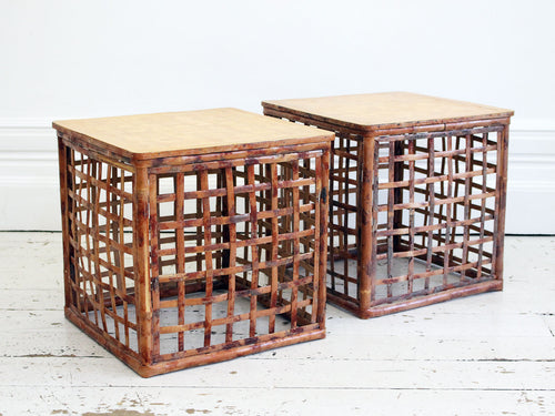 A Pair of 1970's French Parquetry & Bamboo Sofa Tables