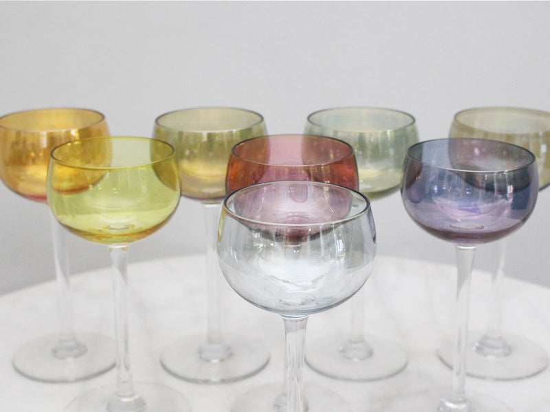 A Set of 8 Vintage French Wine Glasses with Iridescent Coloured Bowls