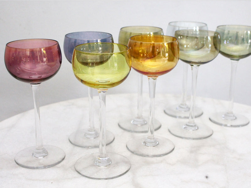 A Set of 8 Vintage French Wine Glasses with Iridescent Coloured Bowls