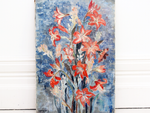 Brightly Coloured Vintage Oil on Canvas Still Life of Lilies in Blue & Pink Tones